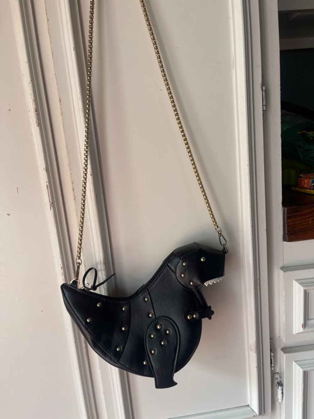 Black Novelty Dinosaur Crossbody Bag with Gold Chain